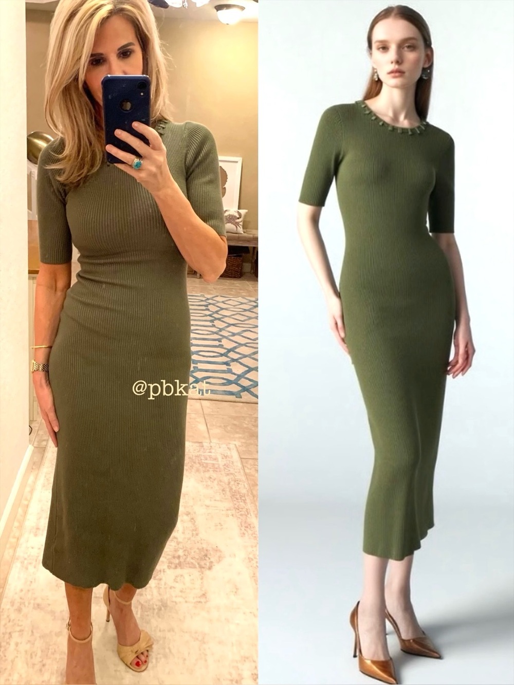 Camila Coelho Olive Ribbed Knit Midi Sweater Dress with Braided Neckline